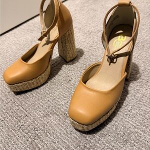Wedge Platform Ankle-Strap Pumps - Tan